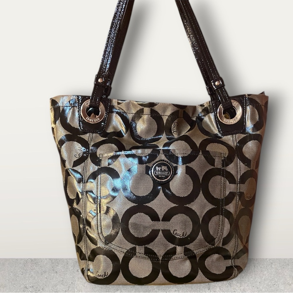 Coach Alex Op Art Signature Tote Black and Silver Coated Canvas 9x11x6